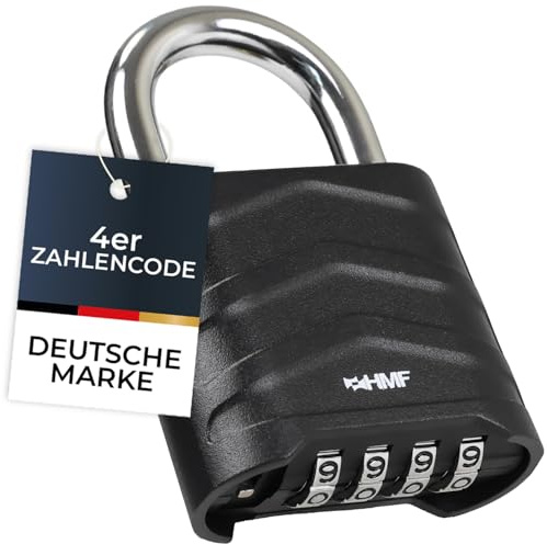 HMF Zahlenschloss Vorhängeschloss, robustes Schloss mit 4-stelligem Zahlencode aus Aluminiumlegierung | 5,6 x 2,6 x 8,7 cm | Schwarz