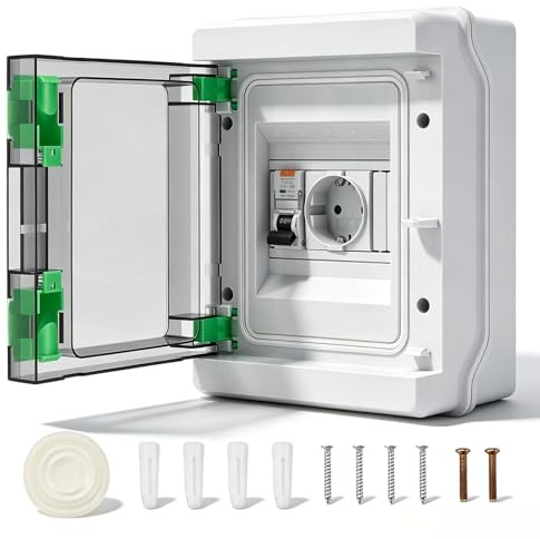Steckdose mit Fi Schutzschalter, IP65 Wasserdicht Sicherungskasten Aufputz mit 16 A Type C Steckdose und 16 A 230 V Leitungsschutzschalter Außensteckdose Aufputz für AußEnbereich FeuchträUme