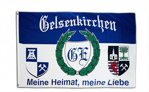 Flaggenfritze® Flagge Gelsenkirchen 90x150 cm – Hissfahne Meine Heimat, meine Liebe mit Wappen & Lorbeerkranz – Wetterfeste Fahne mit Metallösen für Stadion, Mast & Autokorso + Gratis Sticker