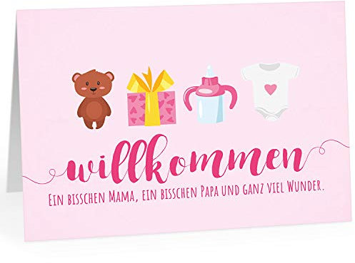 Große Design Glückwunsch-Karte XXL (A4) zur Geburt, Motiv: Willkommen rosa für Mädchen/mit Umschlag/Edle Klappkarte/Maxi Gruß-Karte/Baby geboren/Gratulation Eltern