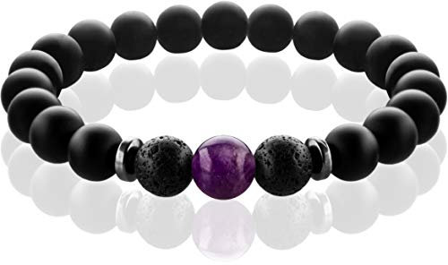 FABACH™ Chakra Perlenarmband mit 8mm Amethyst-Perle, Lavastein und Onyx-Naturstein (schwarz) - Yoga Armband aus 21 Heilsteinen - Energiearmband für Damen und Herren