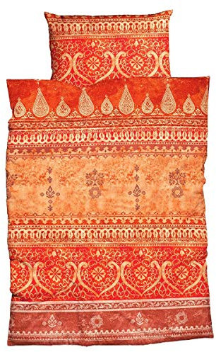 Traumschlaf Mako-Satin Bettwäsche Indi Orange – 100 % Baumwolle, glänzend & atmungsaktiv, orientalisches Design mit Ornamenten – 240 x 220 cm + 2 Kissenbezüge 80 x 80 cm