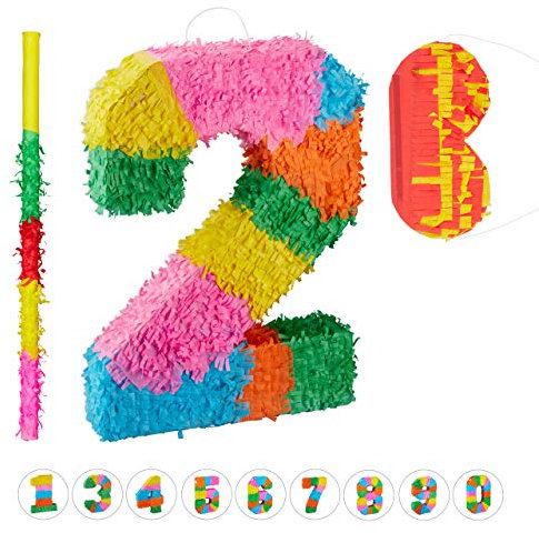 Relaxdays 3 TLG. Pinata Set Geburtstag, Zahl 2, Pinatastab mit Augenmaske, Kinder & Erwachsene, Piñata zum selbst Befüllen, bunt