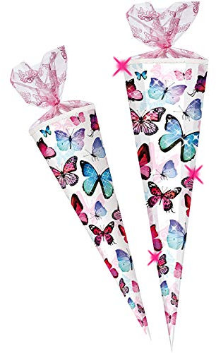mit 3D Effekt - Glitzer ! - Schultüte - Schmetterling - bunt - 70 cm - rund - Organza Tüllabschluß - Zuckertüte - Nestler - Mädchen - Schmetterlinge rosa pi..