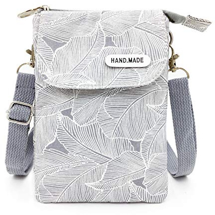 Grand sac à main en toile pour téléphone portable, porte-monnaie, petit sac à bandoulière avec motif de feuilles pour femmes, adolescentes, filles, gris (Gray Leaves), Small