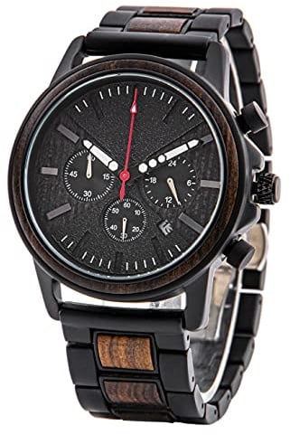LMWOOD Personalisierte Herren-Holzuhr mit Gravur, Geburtstag, Jubiläum oder zu Weihnachten, Chronograph, Datumsanzeige und Leuchtzeigern