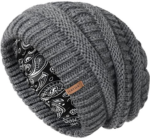FURTALK Unisex Slouch Beanie Satin gefütterte Strickmütze für Haar Herren und Damen Wintermütze Grau