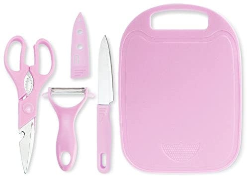 QZDAFFIC Juego de cocina para el hogar de 4 piezas, tijeras de acero inoxidable, cuchillo de cocina pequeño con tapa, tabla de cortar y pelador de verduras para frutas y verduras (Rosa)