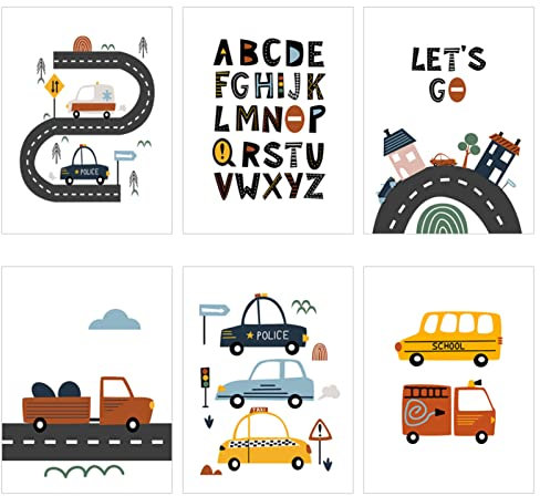 6er Set Poster Kinderzimmer, Bilder Babyzimmer Deko Junge Mädchen, ABC Poster Autos Fahrzeuge Wandbilder Kinderbilder Wanddeko Ohne Rahmen (A,21X30cm)