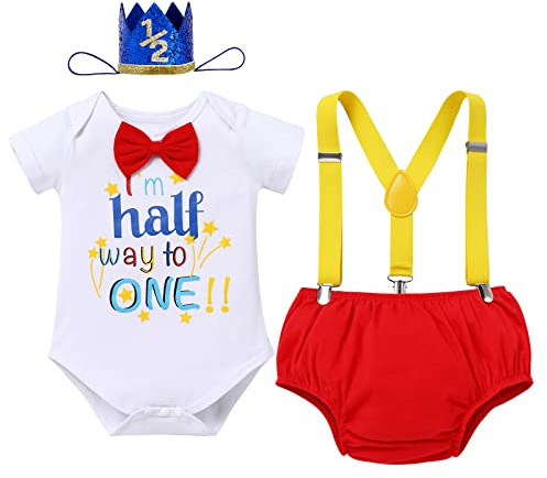 Infant Baby Boy 1/2 Half Way to One Birthday Party Outfit Cake Smash Outfit Bowtie Romper+Diaper Cover Pants+Y-Back Suspenders + Birthday Hat 4PCS Set Gentleman Clothes Photo Shoot White+red+half 6M