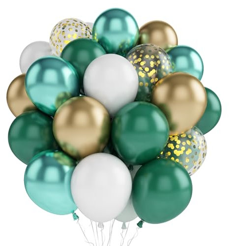 AOLOA Green Gold Balloons Set - 60PCS 12 Inch Metallic Dark Green & Gold Balloons with Ribbons for Birthday, Baby Shower, Jungle Safari Party
