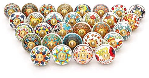 Craft Trade Cabinet Knobs Assorted Colorful Cabinet Knobs Vintage Ceramic Knobs Kitchen Furniture Pull Handles Cabinets Cupboard for Wardrobe Home Interior Décor-Pack of 30