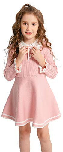 SMILING PINKER Robes Filles Robe Tricot Manches Longues Robe Pull Nœud Papillon(Rose,4-5 Ans)