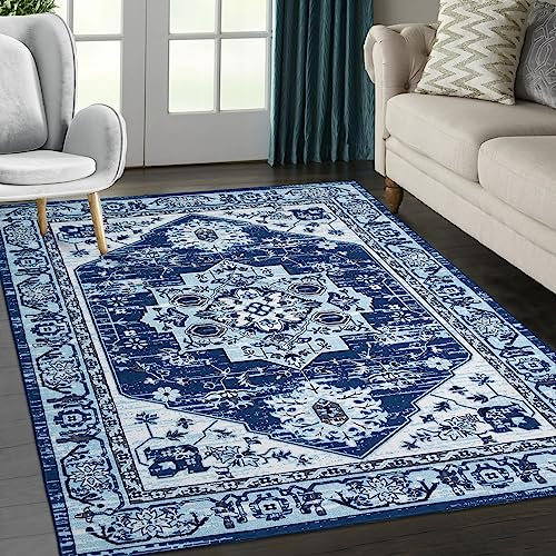 LuxFocus Teppiche Wohnzimmer Rutschfester Teppich Moderner Blumenteppich Maschinenwaschbarer Teppich Orientalisches Design Bodenmatte mit Kurzflor für Schlafzimmer Weiß-Blau 120x170 cm