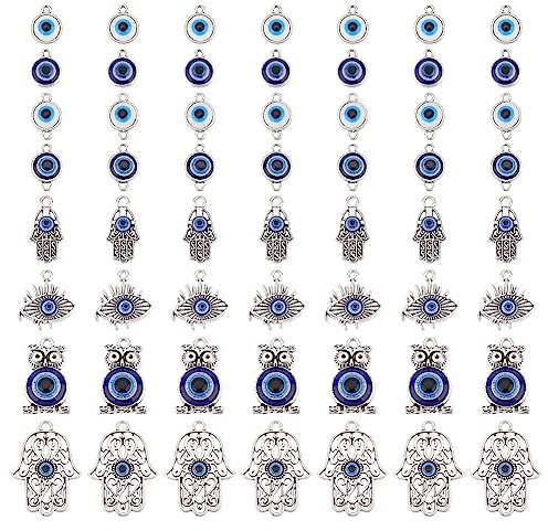 arricraft 32 Pcs Evils Eye Charm, Demon Eye Charm Blue Antique Silver Alloy Bead Pendant Evil Eye Connector Linking for Necklace Bracelet Keychain Jewelry Making Craft Decorations