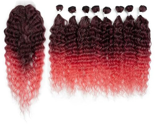 DÉBUT synthetic hair bundles with closure weave bundles with frontal swiss lace 9pcs Water Wave 50 cm 240g high temperature fiber(50 cm, T-PPINK26)