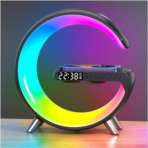 Neue Intelligente LED Tischlampe, 4 in 1 Wireless Charger Nachtlicht Lampe, App Steuerung Bluetooth Lautsprecher Wecker, Home Office Studie Nachttischlampe (Schwarz)