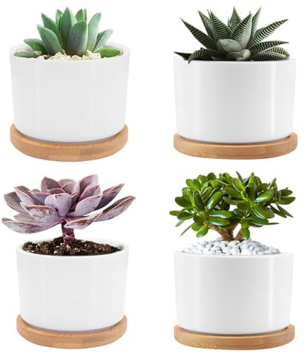 Seahelms Lot de 4 petits pots de fleurs en céramique de 7,5 cm avec trou de drainage et soucoupe - Parfaits pour la décoration de la maison et du bureau (sans plantes)