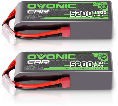 OVONIC Lot de 2 batteries Lipo 4S 14,8 V 5200 mAh 130 C avec fiche Deans T pour voiture, truggy, quadcoptère, hélicoptère, camion, bateau, avion