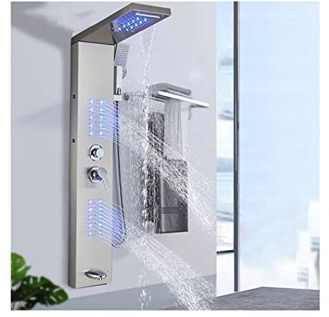 Système de tour de panneau de douche à LED, colonne de douche 5 en 1 complète en acier inoxydable, système de massage à eau multifonction, finition nickel brossé
