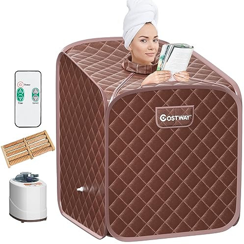 GOPLUS Cabine de Sauna Pliable 2L 1000W, Sauna à Vapeur Portable à Domicile avec Chaise Pliante, 9 Niveaux de Température Ajustables, Tente de Spa pour Amincissement, Détoxification (Marron)