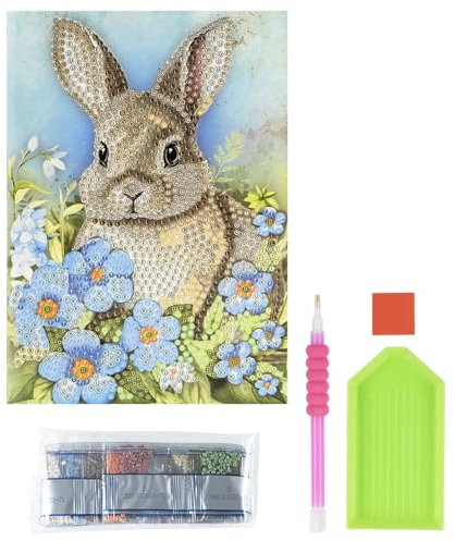 Ideen mit Herz Diamond-Painting-Grußkarte | Din B6 (11,5 x 16,5 cm) | 370 g/m² | inkl. Umschlag & Werkzeug (Hase mit blauen Blumen)