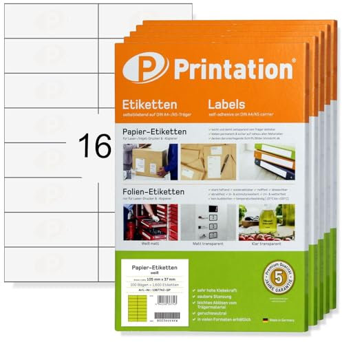 Printation Etiketten 105 x 37 mm - 8000 Aufkleber 500 Blatt DIN A4 2x8-105x37 Universal Labels blanko weiß selbstklebend 16 pro Bogen Papier Klebe-Etiketten zum beschriften/bedrucken 3484 4462 4620