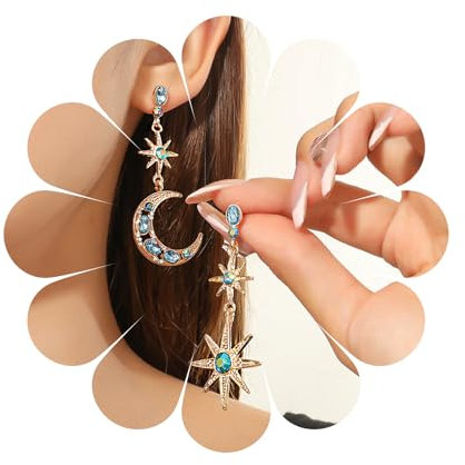 Dangly Stern Mond Strass Ohrringe - Einfädler Mit Langer Quaste Kette - Baumeln Tropfen Ohrringe für Frauen Mädchen