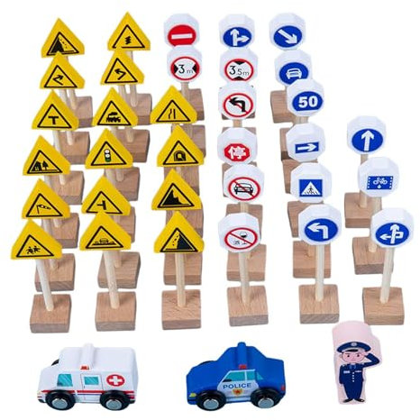 Harilla Ensemble de panneaux de signalisation routière en bois pour enfants, jouet d'apprentissage des compétences de base, éducation précoce, accessoires, 33 pièces