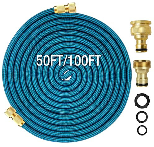 XPendHoze 100FT/30M Blue Expandable Garden Hose, Lightweight Flexible Hose with Double Latex Core, Solid Brass Fittings, Kink-Free, 100FT Garden Hose