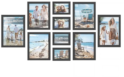 SONGMICS Bilderrahmen 10er Set, für 2 Fotos in A4-Format, 4 Fotos in 20 x 25 cm, 4 Fotos in 10 x 15 cm, Kunststoffscheibe, MDF, tintenschwarz RPF311B01