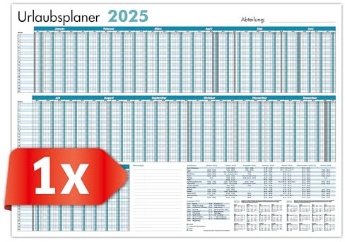 PRIMUS PRINT - Mitarbeiter Urlaubsplaner - Wandkalender 2025 - Monatskalender - A1-594x841mm - bis zu 20 Mitarbeiter - Urlaubskalender - inklusive Feiertagen - diverse Ausführungen [1x Gerollt Blau]