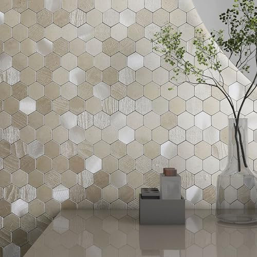 M MOFIT Hexagon Self Adhesive Wall Tiles 3D Mosaic Stick on Splashback for Kitchen Bathroom Waterproof(Champagne,10PCS)