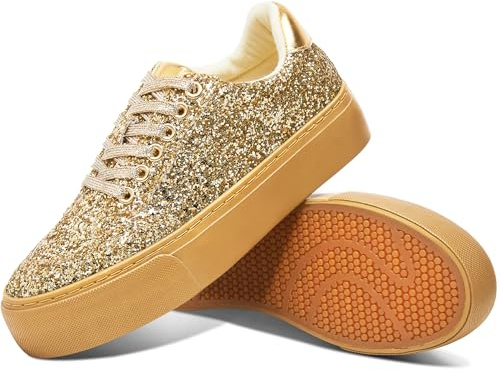 Jeekopeg Glitzer-Plateau-Sneaker für Damen, lässige Pailletten, glitzernde Schuhe, glitzernde dicke Sohle, Wanderschuhe, glänzende Pailletten, Hochzeits-Sneaker für Damen