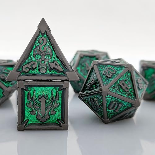 ORUZA 7 Stück DND Metall Würfel Set Polyedrische Würfel Set D&D, Metall Spielwürfel für Dungeons und Dragons RPG MTG TTRPG Pathfinder Rollenspiele Tischspiele Würfel (Schwarz & Flash Grün)