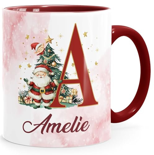 SpecialMe® Tasse Weihnachten Buchstabe Initiale Weihnachtsmann personalisiert Name persönliches Geschenk weiss-innen-bordeauxrot standard