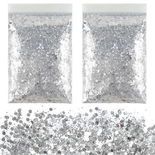 Glitzerpulver zum Basteln,100g Groß Glitzer Silber,Glitzer zum Weihnachten Basteln Kerzen,Glitzerpulver für Nägel Gesicht DIY Epoxidharz Kartenbasteln