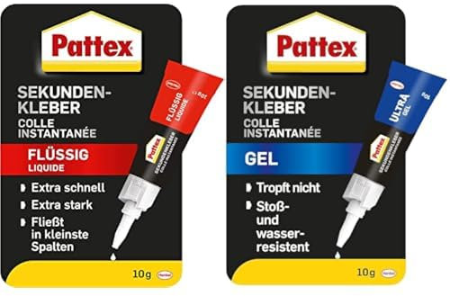 Bundle aus Pattex Sekundenkleber Flüssig, schnelltrocknender farbloser Flüssigkleber 1x 10g + Pattex Sekundenkleber Ultra Gel, extra starker & flexibler Superkleber 1x 10g