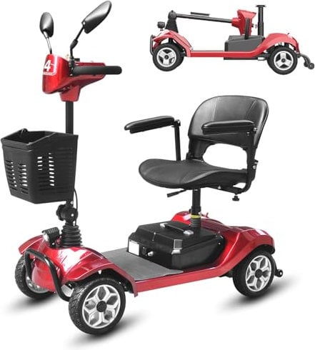 Mobilitätsroller 4 Räder, Elektromobil Klappbar, Rollstuhl für Erwachsene Senioren, 6km/h Höchstgeschwindigkeit, 150kg Tragfähigkeit, kompakte Tragbar für Reisen (Rot)