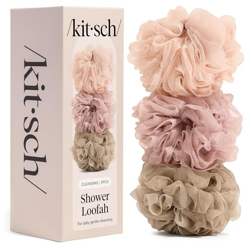 Kitsch Shower Loofah – Soft Mesh Body Scrubber & Bath Sponge for Daily Gentle Cleansing – Durable Loofah for Men and Women with Hanging Loop, Eco-Friendly, 100% PCR Material – 3pc Set, Ballet