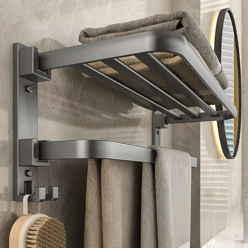 yozhch Grey Towel Rail with Hooks, 2-Tier Towel Rack Wall Mounted Bathroom Towel Holder, Double Fold Towel Rail with Shelf, Bath Towel Storage Self Adhesive (23-Inch)