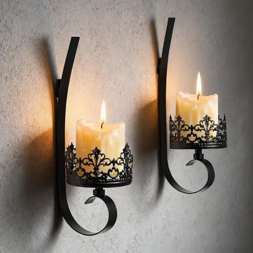 Kolnlala Set of 2 Black Wrought Iron Wall Candle Sconce - Farmhouse Style Hanging Candle Holder for Living Room, Bathroom, Dining Room, Window Decoration (2 Pieces, Black-A Style)