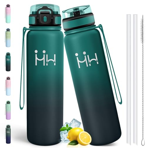 Motswedi Borraccia Termica 1 litro, Acciaio Inox Bottiglia Termica, Borraccia con Cannuccia, Isolamento Sottovuoto a Doppia Parete, per Campeggio, Yoga, Palestra, Verde scuro & Grigio