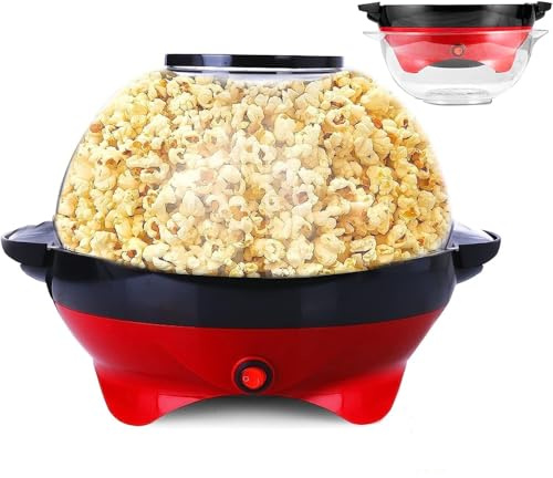 Máquina de Palomitas de Maíz de 5L Para El Hogar, 800 W, Con Azúcar Y Aceite, Placa de Calentamiento Antiadherente Extraíble, Mezclador Automático, Tapa Transparente Como Recipiente (Rojo)