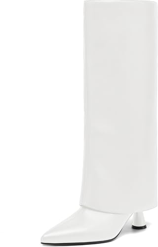 AIUNIIND Womens Knee High Boots Fold over Shark Boots Slouchy Pointed Toe, Tall Boots Faux Leather Dress Boots, White, 8 UK