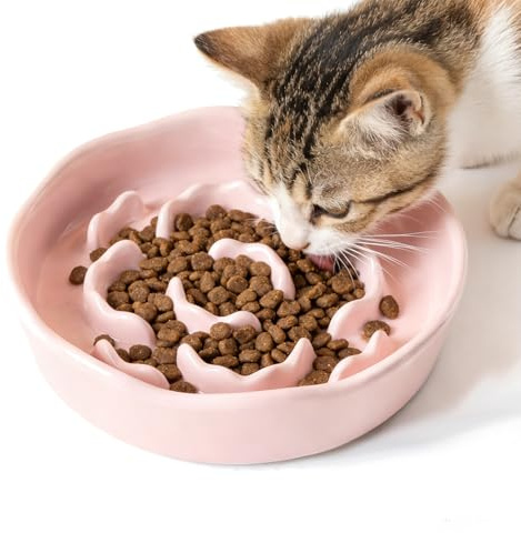 Slow Feeder Katze, Antischlingnapf Hunde Keramik, Antischlingnapf Katze, Slow Feeder Katzen rutschfest, Anti Schling Napf Keramik für Katzen und kleine Hunde (Rosa)