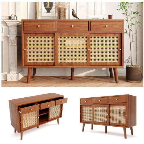 Merax Sideboard 120 cm – Kommode mit 3 Schubladen und 3 Türen, Verstellbaren Regalen, Walnuss Farbe, FSC®-Zertifiziert, Retro Design für Wohnzimmer und Küche