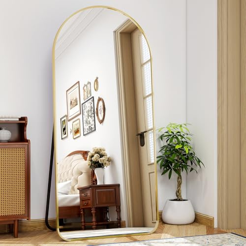 BEAUTYPEAK Miroir pleine longueur avec coins arrondis, 171 x 76 cm, grand, à poser ou à suspendre, incliné, couleur dorée