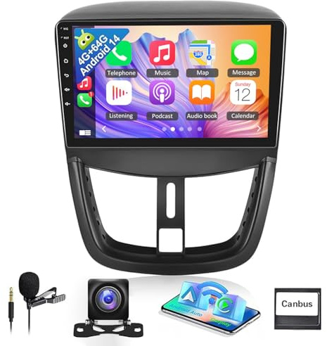 Autoradios 2 DIN pour Peugeot 207 2006-2015 Poste Radio Voiture Bluetooth CarPlay sans Fil Android Auto Écran Tactile Android 14 9 Pouces Stéréo GPS Navigation,WiFi,DSP FM/RDS 4+64G