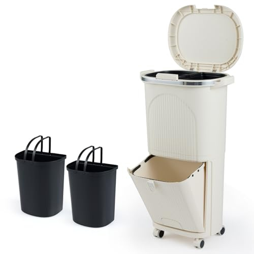GOPLUS Poubelle Cuisine 38 L, Poubelle Tri Selectif à 3 Niveaux avec 2 Seaux Amovibles 12Lx2, Compartiment Incliné 14L,Poignées, Pédale, Récipient Déchets (38L|1 Couvercles,Beige|3 Bacs)